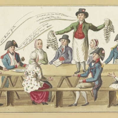 Verkopen van de pruiken, anoniem, 1795. Publiek domein via Rijksstudio