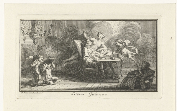 Een schrijver ontvangt inspiratie van Amor en een muze, Bernard Picart, 1728. Publiek domein via Rijksstudio