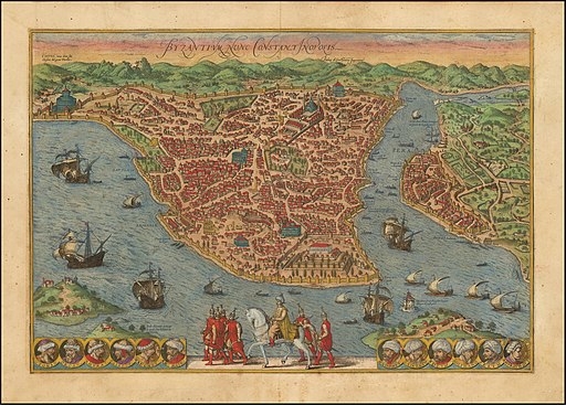Topografische kaart van Constantinopel uit 1572. Foto: Georg Braun & Frans Hogenberg, via Wikimedia Commons, CC0.
