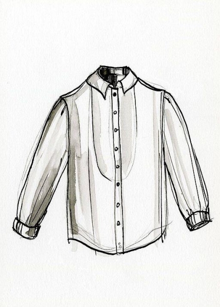Tekening van een blouse. Uitvoering: David Ring, 2014, in opdracht van het Europeana Fashion project. Collectie: MoMu Antwerpen. Afbeelding: via Wikimedia Commons, CC0.