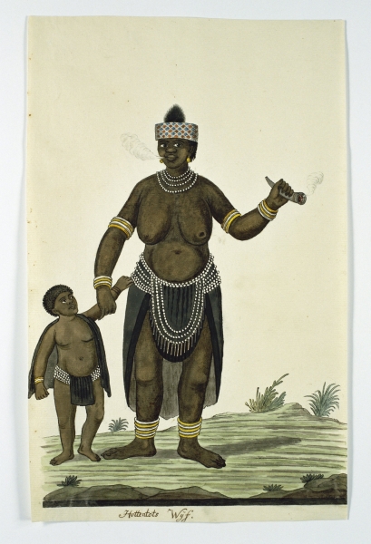 Rokende vrouw van de Khoikhoi met kind, Robert Jacob Gordon, 1777 - 1786. Titel op object: Hottentots wijf. Bron: Rijksstudio, CC0.
