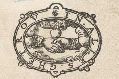 Handdruk - fragment van de titelpagina voor: Franciscus Lijftocht, Voor-winckel van patientie in den droeven tegenspoedt (…), 1679, dl. 1, anoniem, 1679. Publiek domein via Rijksstudio