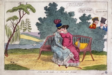 Ladies Strachan en Warwick samen op een bank terwijl hun echtgenoten afkeurend toekijken. Ca. 1820. CC BY 4.0 Collectie: Welcome collection