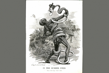 Spotprent van koning Leopold II van België die als slang een Congolees verstrikt. Edward Linley Sambourne, cartoon in Punch, gepubliceerd op 28 november 1906. Publiek domein via Wikimedia Commons.