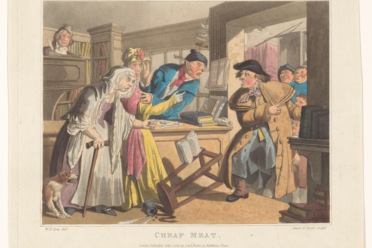 Ruzie in een boekhandel. Robert William Smart, naar William Henry Pyne, in of voor 1822. Publiek domein via Rijksstudio