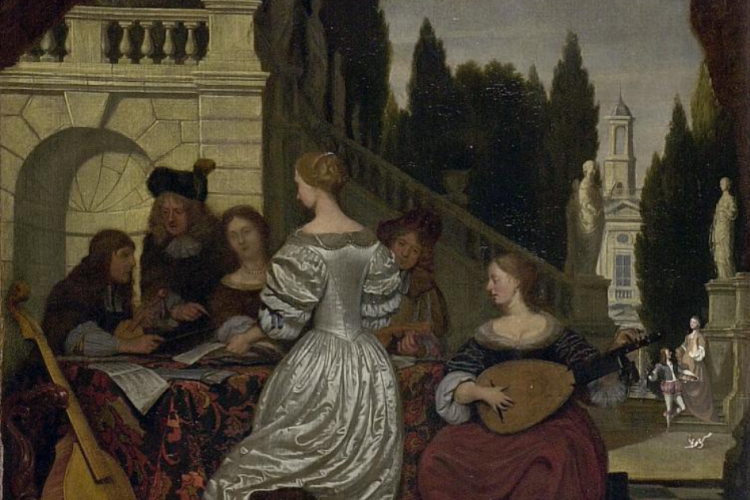 M. van Musscher, Musicerend gezelschap op een terras, 1675-1705, olieverf op doek. Rijksdienst voor het Cultureel Erfgoed, Amersfoort, NK1516