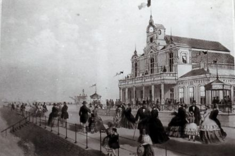 Eerste kursaal Oostende. Lithografie door H. Borremans, 1858. Wikimedia Commons, publiek domein.