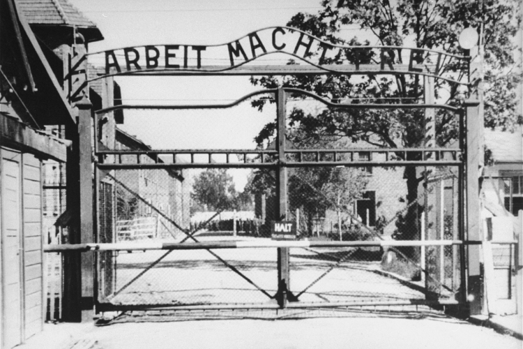 De poort van Auschwitz in mei 1945. Onbekende auteur via Wikimedia Commons, publiek domein.