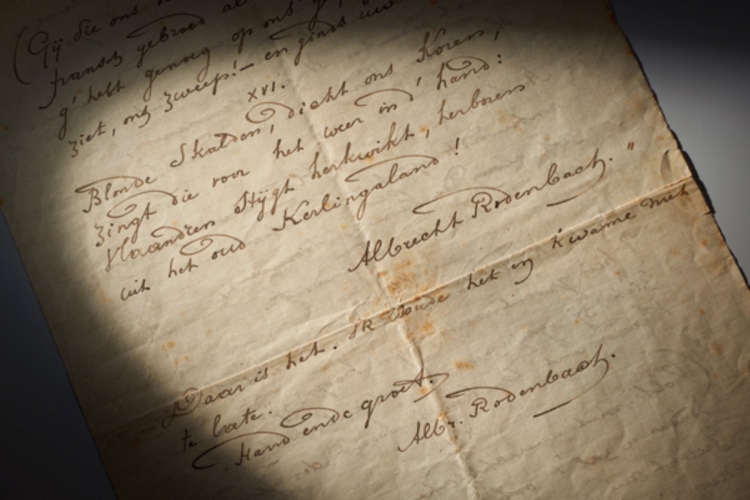 Brief van Albrecht Rodenbach over de nieuwe, ‘Leuvense’ versie van De Blauwvoet, bewaard in het Universiteitsarchief van KU Leuven © Digitaal Labo, KU Leuven