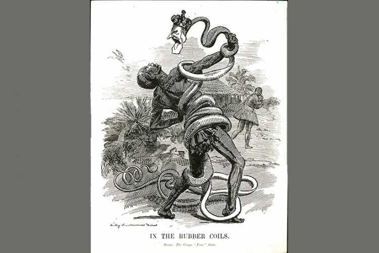 Spotprent van koning Leopold II van België die als slang een Congolees verstrikt. Edward Linley Sambourne, cartoon in Punch, gepubliceerd op 28 november 1906. Publiek domein via Wikimedia Commons.